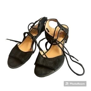Spirit black faux suede sandals with ties up the leg